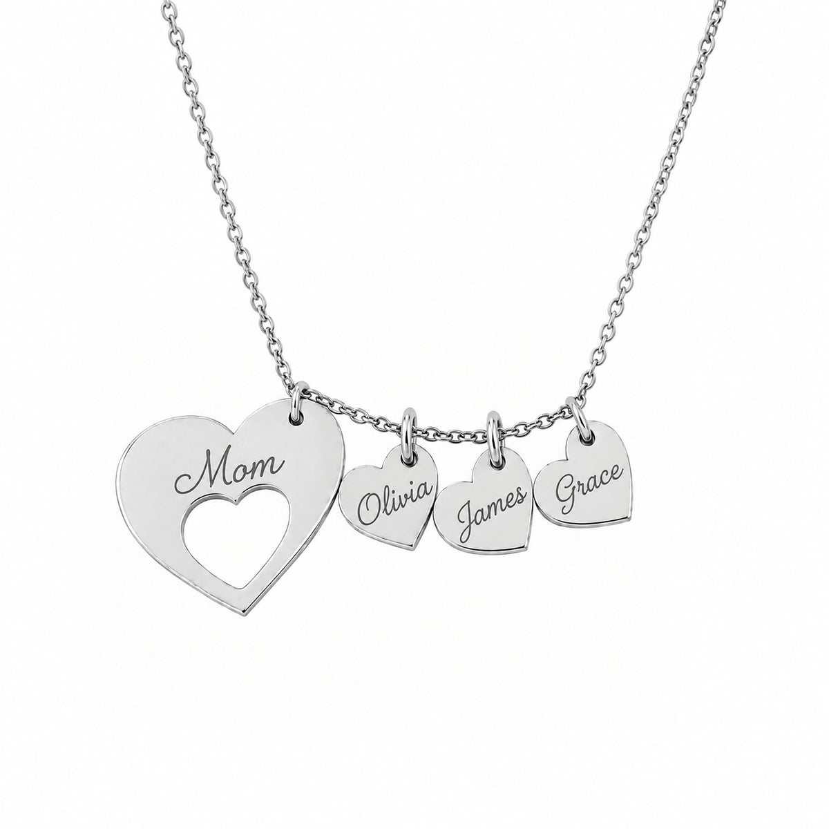 Mom Necklace — Her Children's Names Engraved on Little Hearts