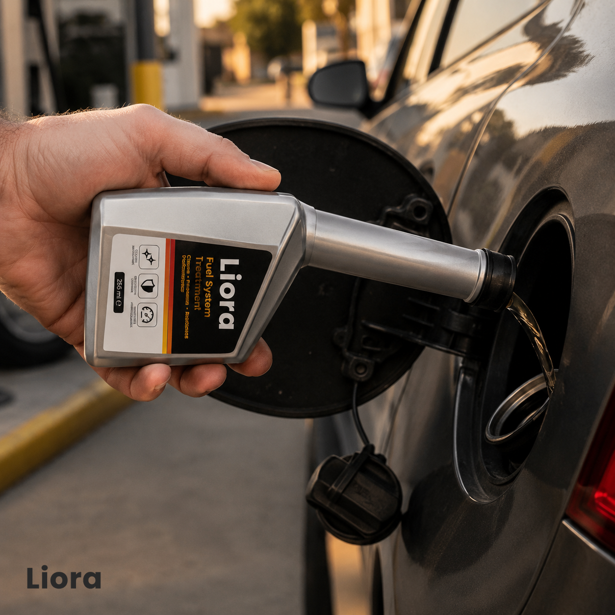 Pouring Liora into the fuel tank