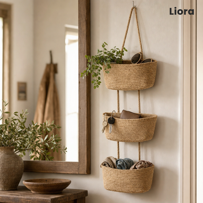Woven Cotton & Jute 3-Tier Hanging Basket Organizer