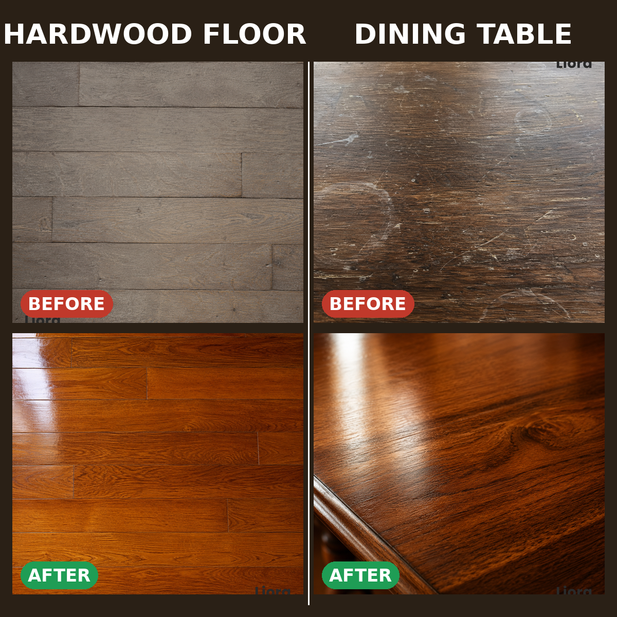 Hardwood floor and dining table before and after