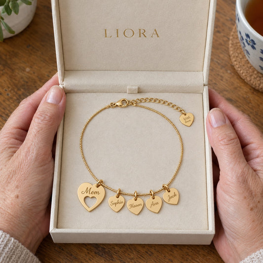 Mom Bracelet — Her Children's Names Engraved on Little Hearts