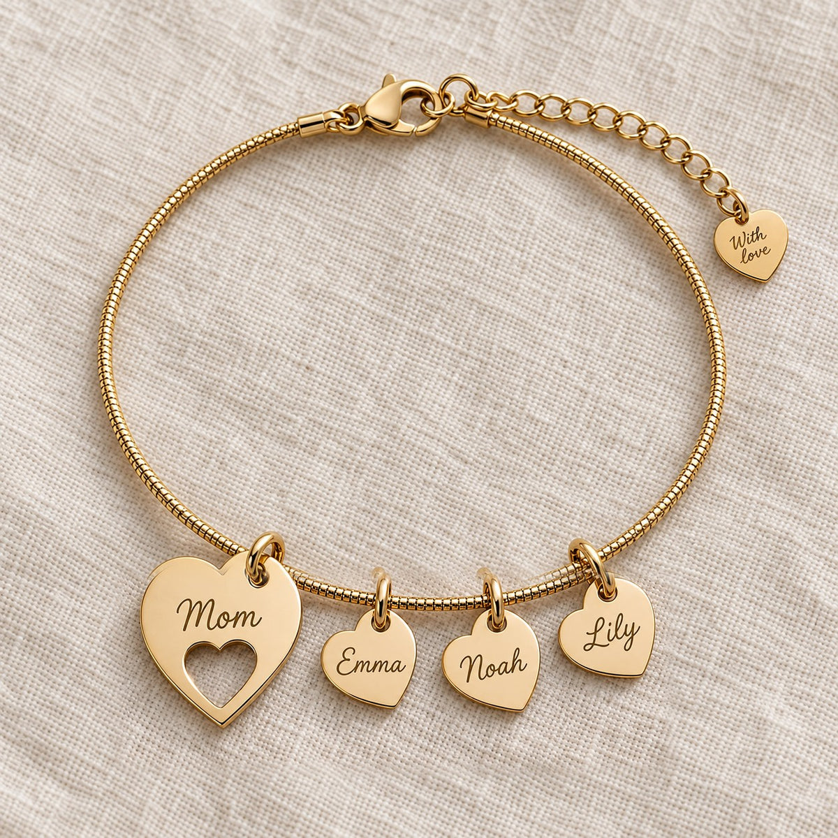 Mom Bracelet — Her Children's Names Engraved on Little Hearts