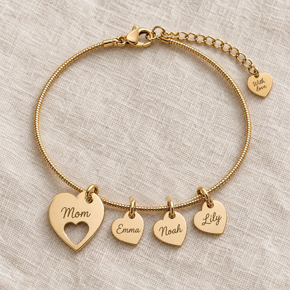 Mom Bracelet — Her Children's Names Engraved on Little Hearts
