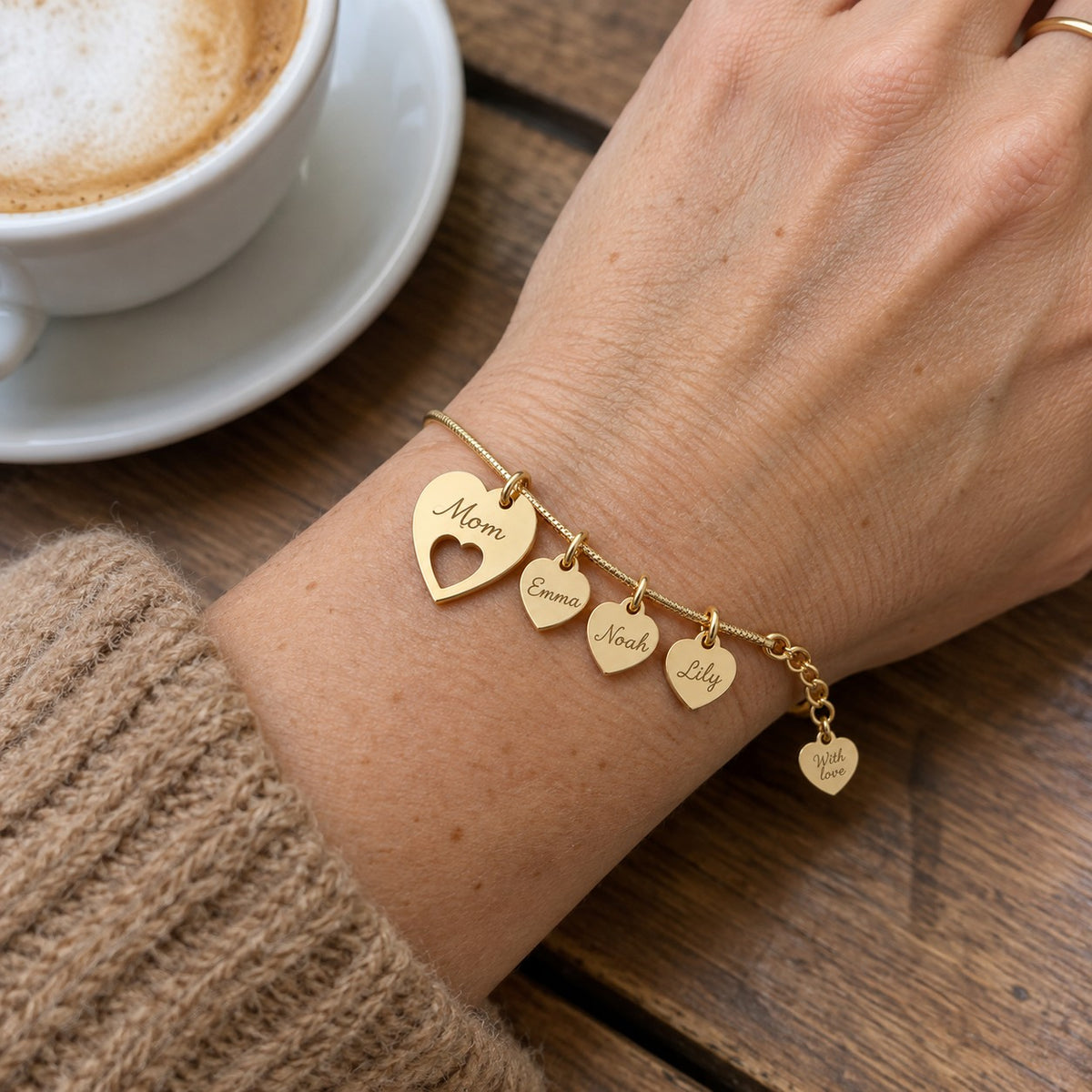 Mom Bracelet — Her Children's Names Engraved on Little Hearts