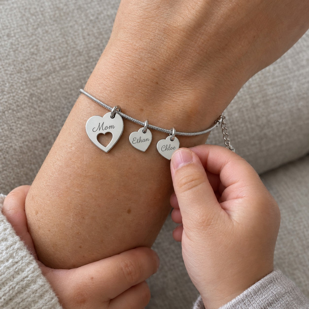 Mom Bracelet — Her Children's Names Engraved on Little Hearts