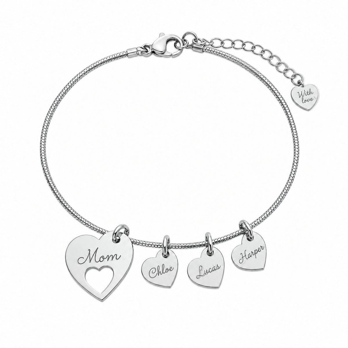 Mom Bracelet — Her Children's Names Engraved on Little Hearts