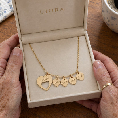 Mom Necklace — Her Children's Names Engraved on Little Hearts