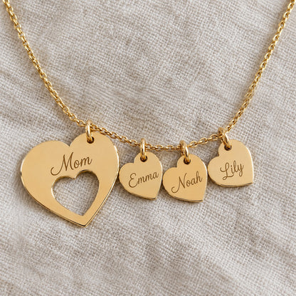 Mom Necklace — Her Children's Names Engraved on Little Hearts