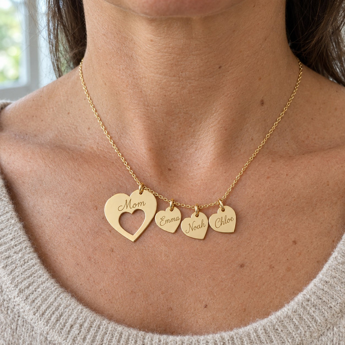 Mom Necklace — Her Children's Names Engraved on Little Hearts