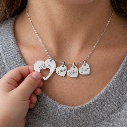 Mom Necklace — Her Children's Names Engraved on Little Hearts
