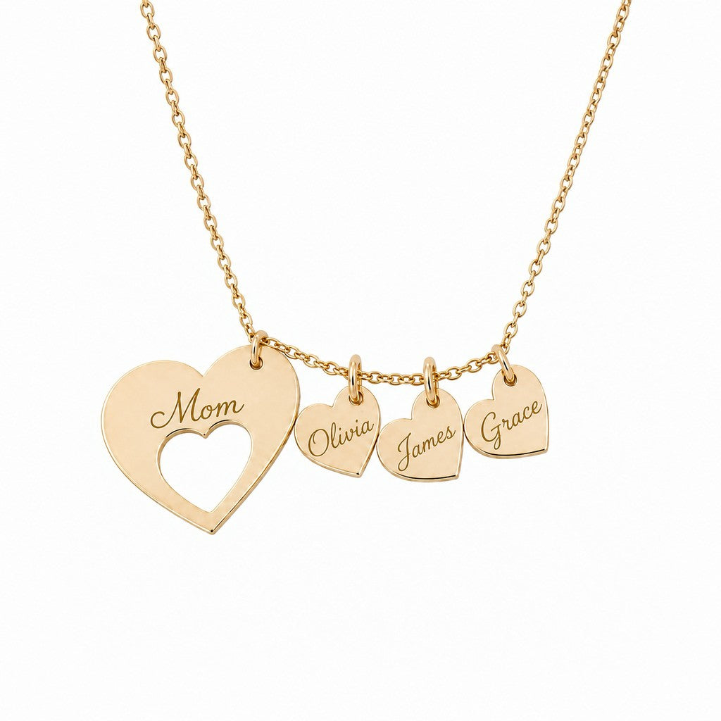 Mom Necklace — Her Children's Names Engraved on Little Hearts